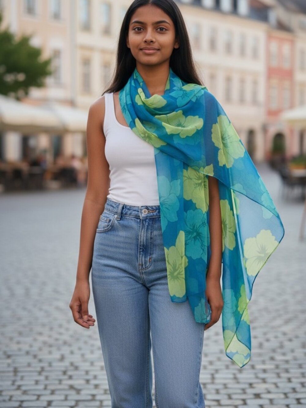Echo Scarf Azure Blue and Lime Floral Sheer 40 x 62